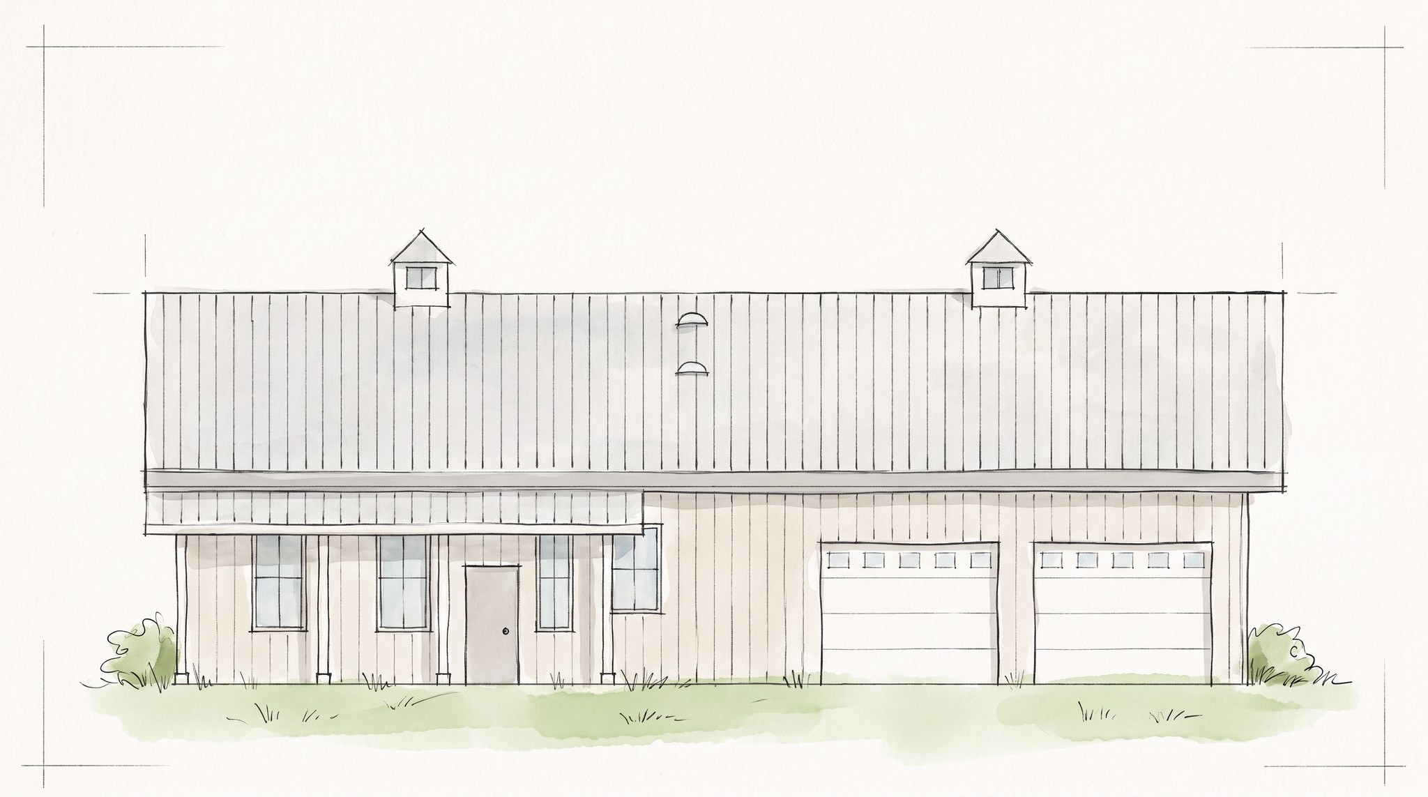 The Meadow 40×60 barndominium hand-drawn front elevation sketch