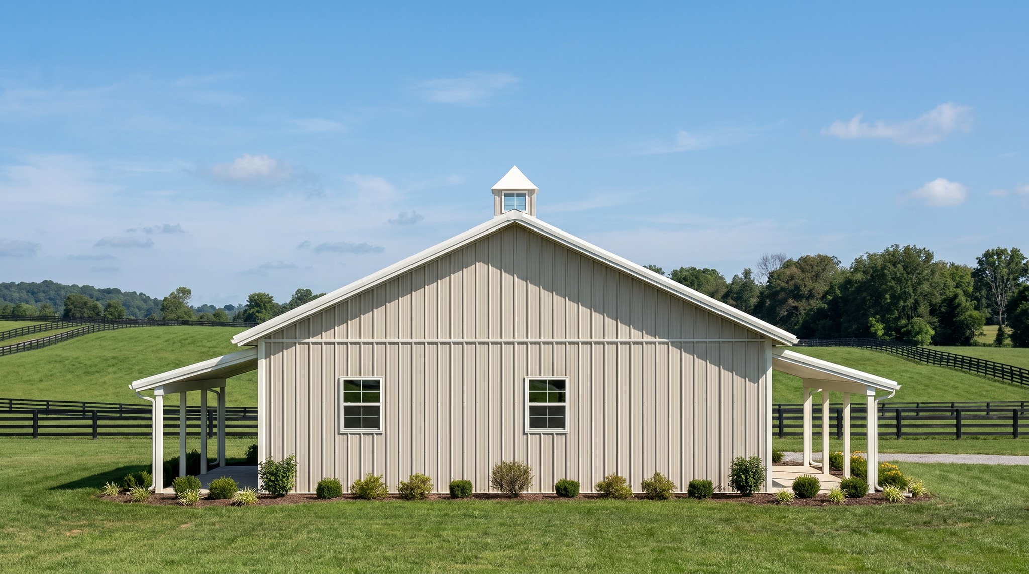 The Meadow 40×60 barndominium left gable-end elevation (west on the plan): the bedroom end, the front and rear porch roofs at either side