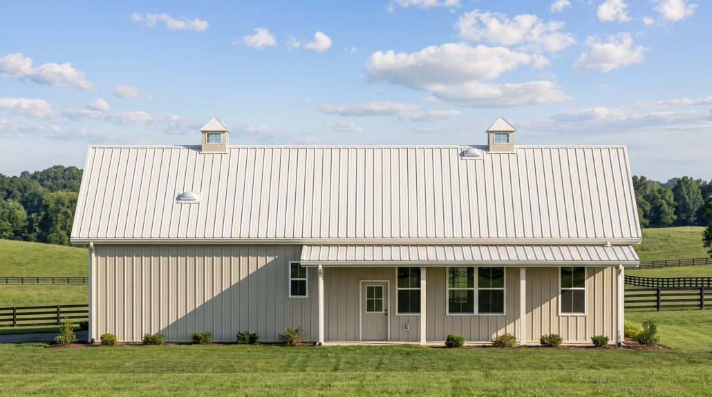 The Meadow 40×60 barndominium rear elevation (north on the plan) with the 34 foot covered porch off the master bedroom