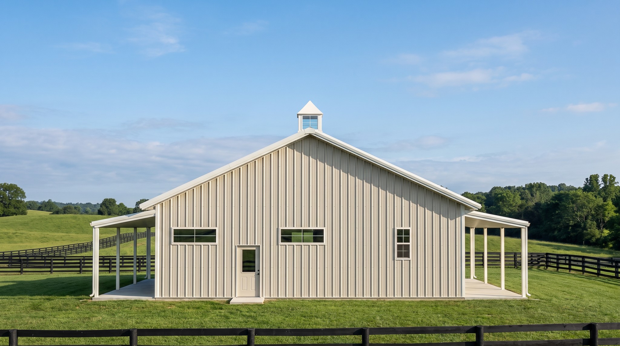 The Meadow 40×60 barndominium right gable-end elevation (east on the plan): the 2-car garage end, the front and rear porch roofs at either side