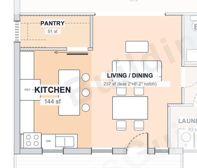The Meadow 40×60 barndominium floor plan detail: the heart of the home