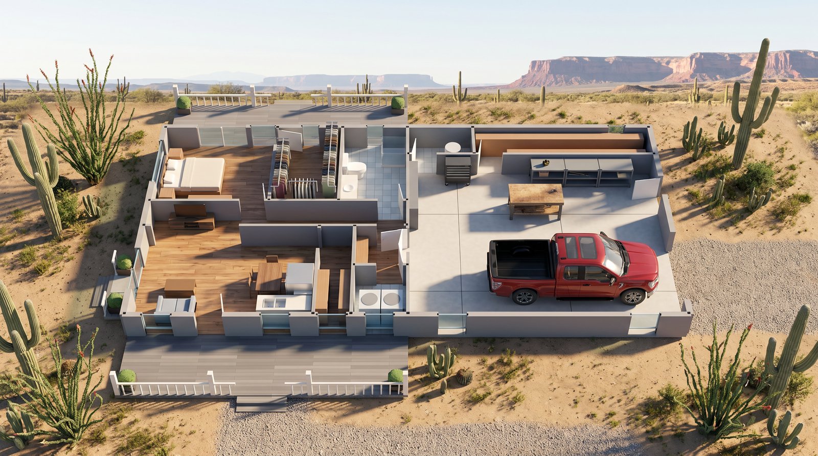 The Mesa 30×60 barndominium 3D dollhouse view of the furnished floor plan