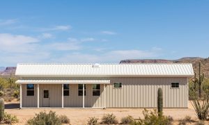 The Mesa 30×60 barndominium front elevation (south on the plan), photoreal render: 3:12 gable, the 30 foot front porch