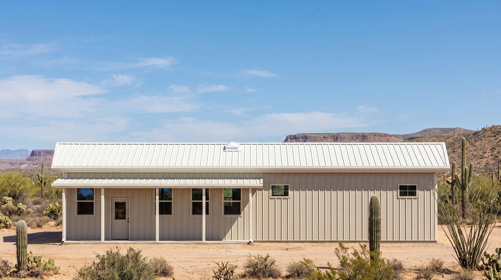 The Mesa 30×60 barndominium front elevation (south on the plan), photoreal render: 3:12 gable, the 30 foot front porch