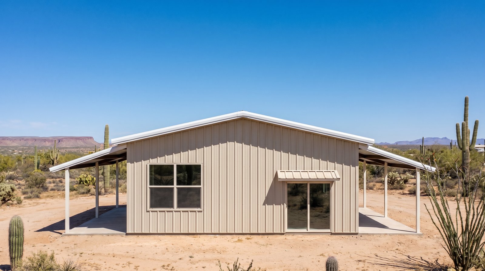 The Mesa 30×60 barndominium left gable-end elevation (west on the plan): the master bedroom end, the front and rear porch roofs at either side