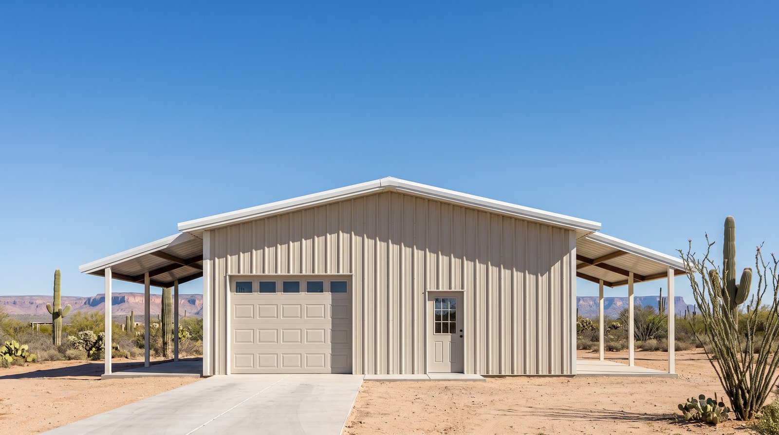 The Mesa 30×60 barndominium right gable-end elevation (east on the plan): the garage and shop end, one overhead door, the front and rear porch roofs at either side