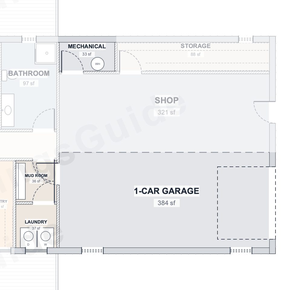 The Mesa 30×60 barndominium floor plan detail: work & service