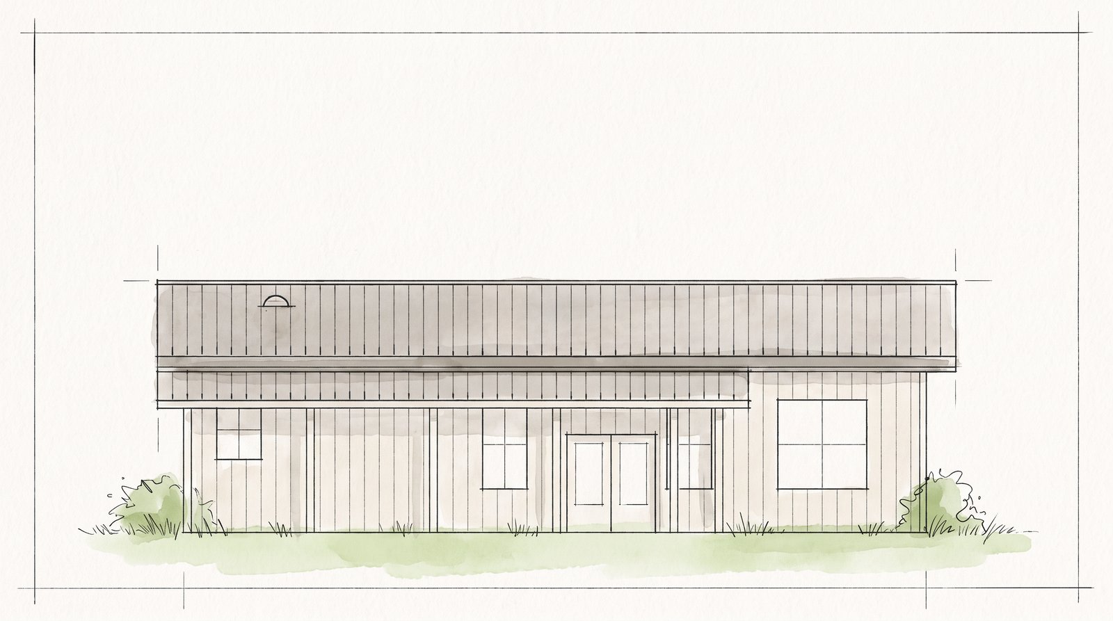 The Orchard 40×50 barndominium hand-drawn front elevation sketch