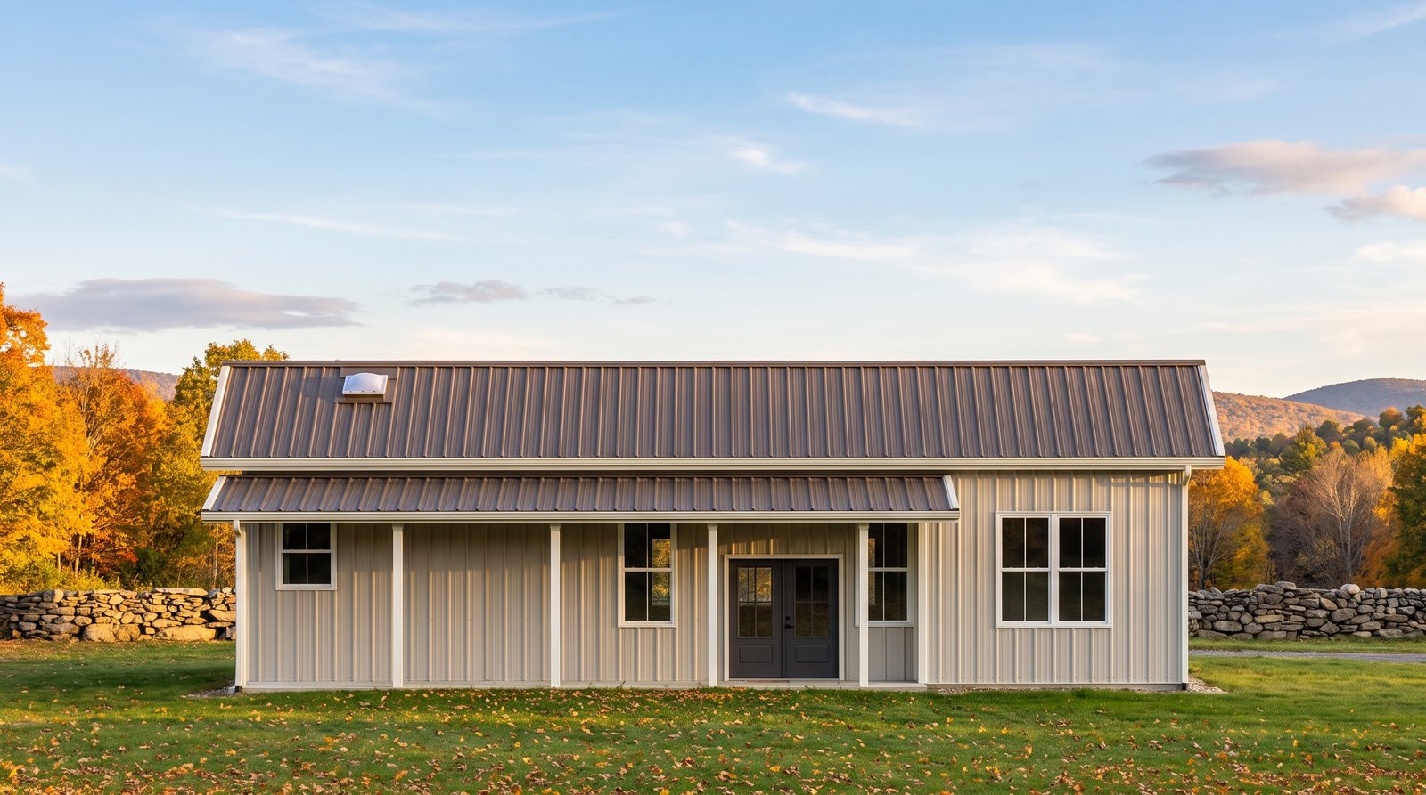 The Orchard 40×50 barndominium front elevation (south on the plan), photoreal render: 3:12 gable, the 36 foot front porch