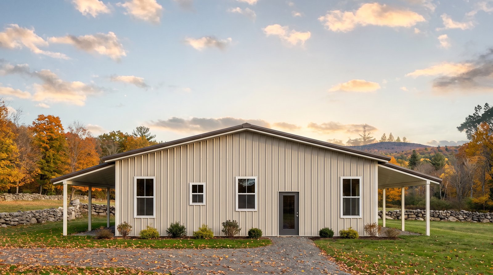The Orchard 40×50 barndominium left gable-end elevation (west on the plan): the bedroom end, the front and rear porch roofs at either side