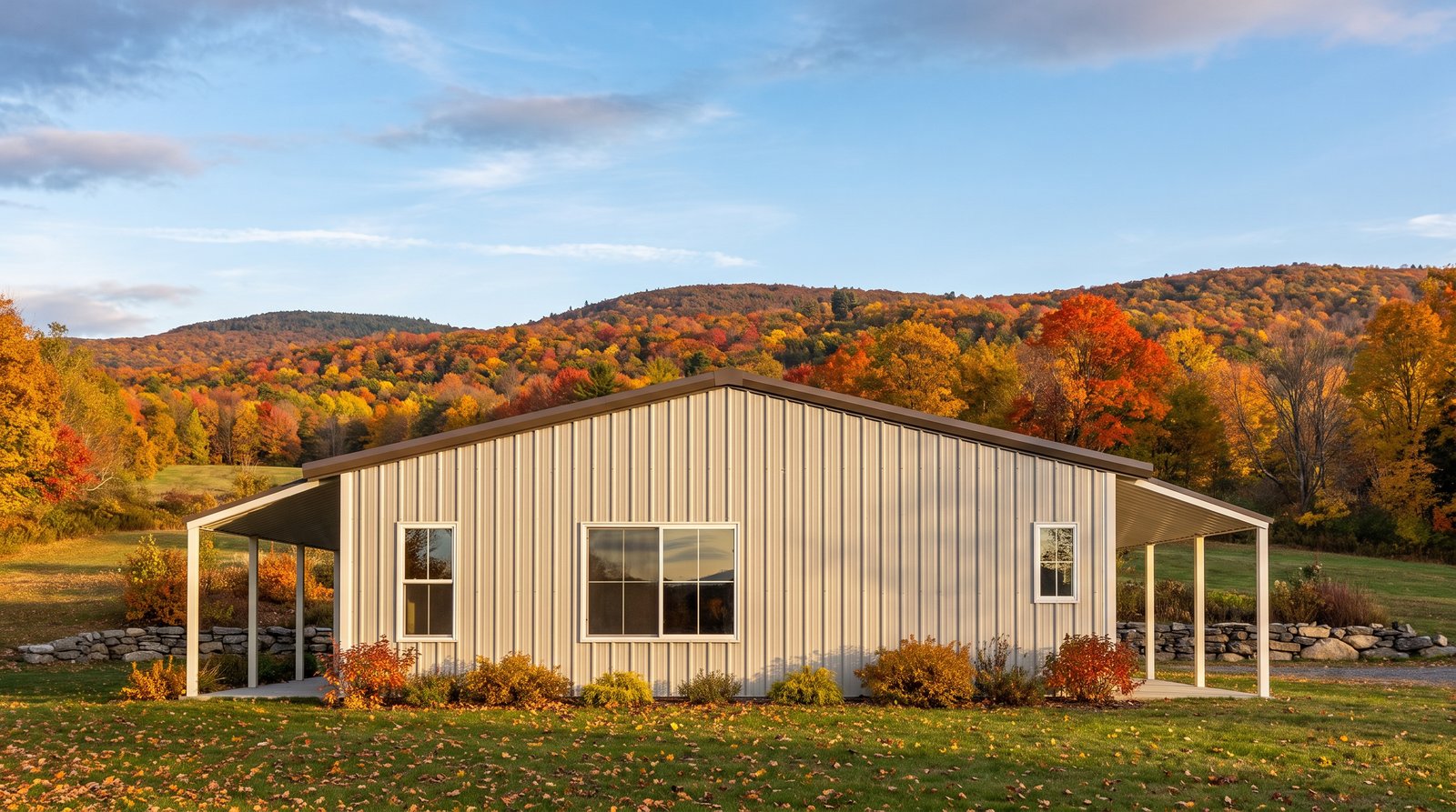 The Orchard 40×50 barndominium right gable-end elevation (east on the plan): the master bedroom end, the front and rear porch roofs at either side