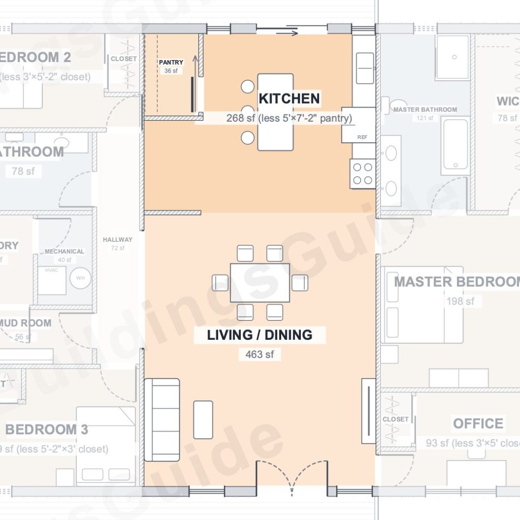 The Orchard 40×50 barndominium floor plan detail: the heart of the home