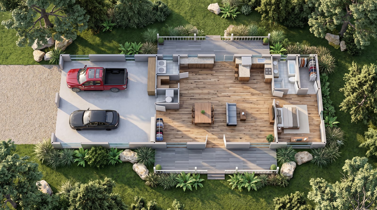 The Ridge 30×80 barndominium 3D dollhouse view of the furnished floor plan