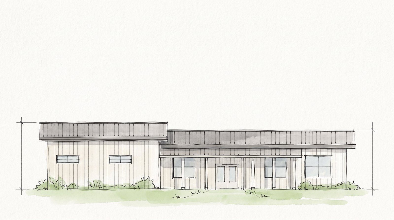 The Ridge 30×80 barndominium hand-drawn front elevation sketch