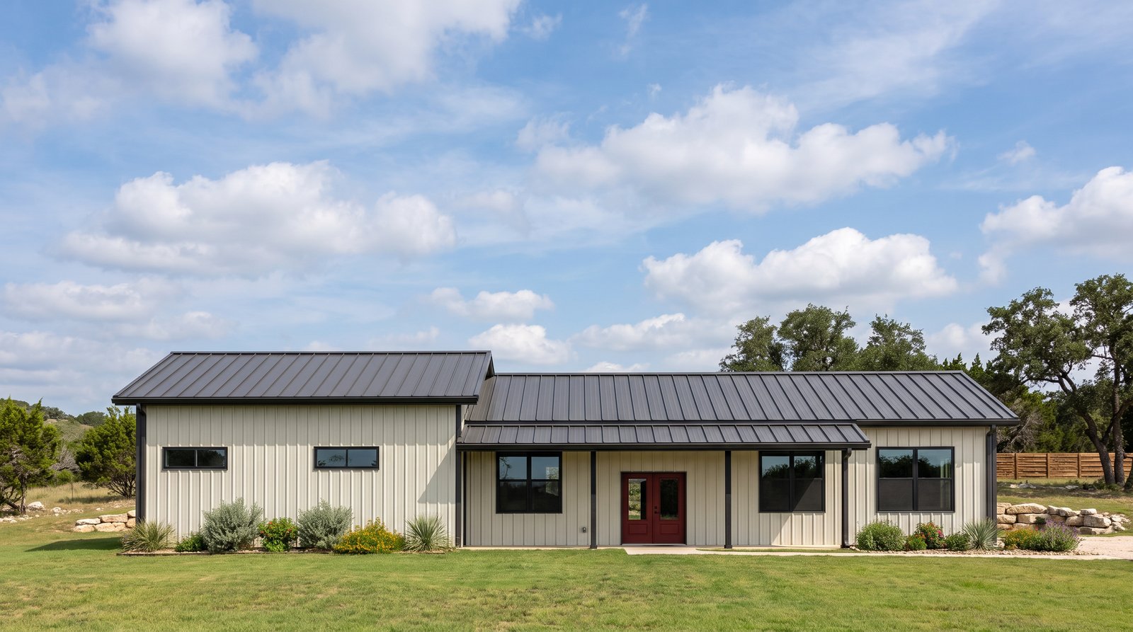 The Ridge 30×80 barndominium front elevation (south on the plan), photoreal render: 3:12 gable, the 36 foot front porch