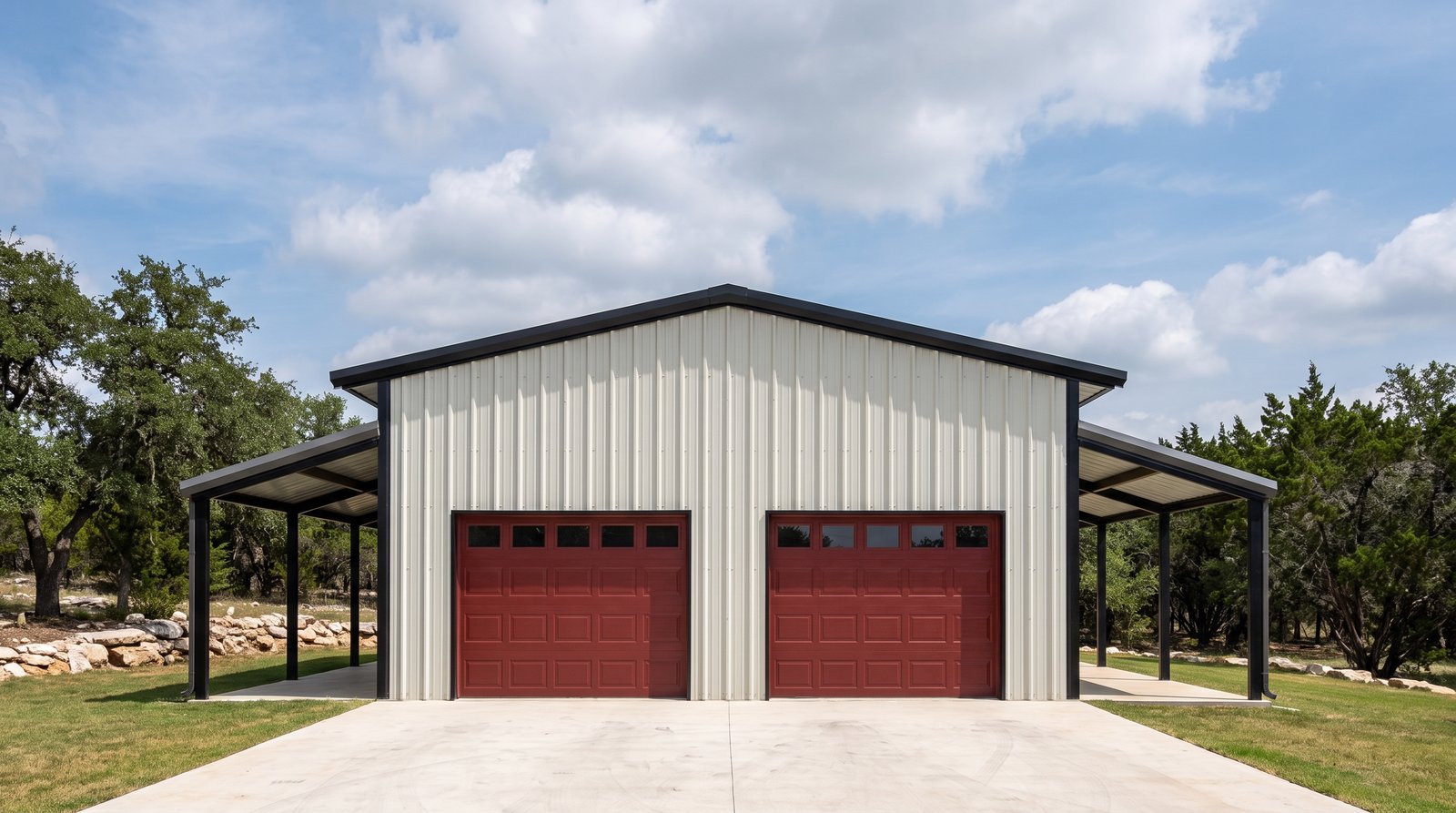 The Ridge 30×80 barndominium left gable-end elevation (west on the plan): the 2-car garage and shop end, two overhead doors, the front and rear porch roofs at either side