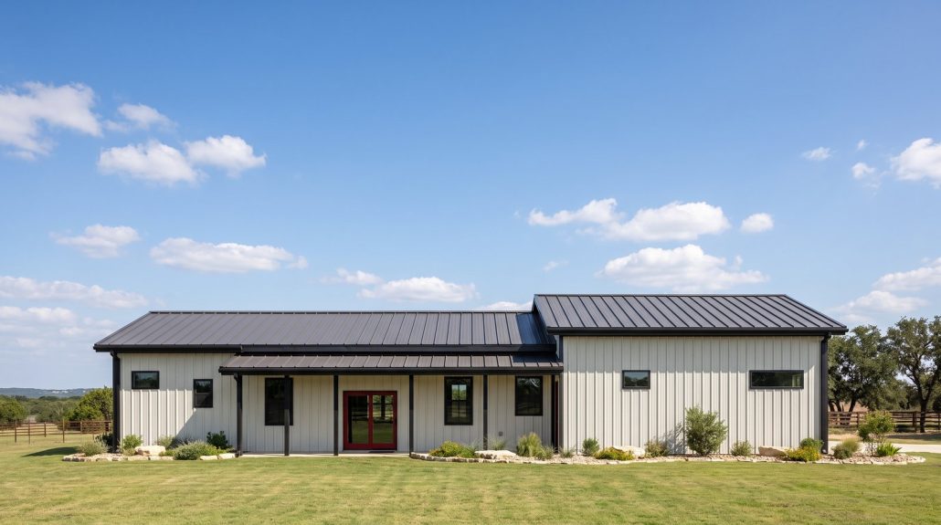 The Ridge 30×80 barndominium rear elevation (north on the plan) with the 36 foot covered porch off the kitchen