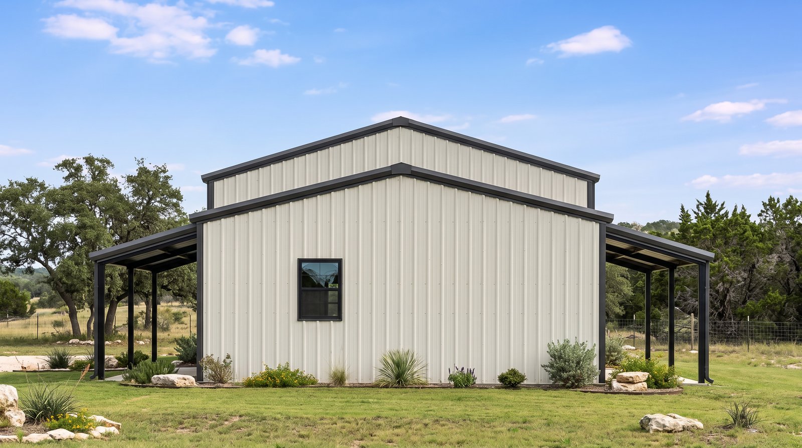 The Ridge 30×80 barndominium right gable-end elevation (east on the plan): the master bedroom end, the front and rear porch roofs at either side