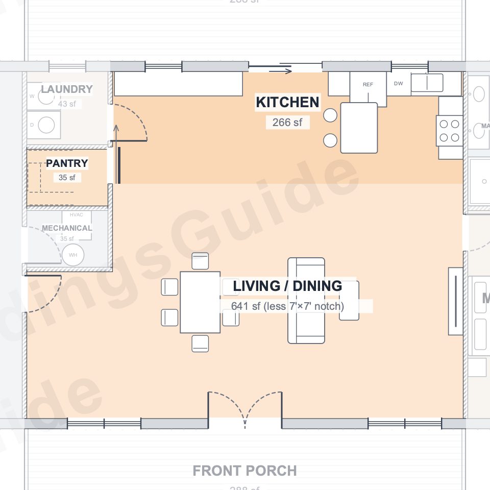 The Ridge 30×80 barndominium floor plan detail: the heart of the home