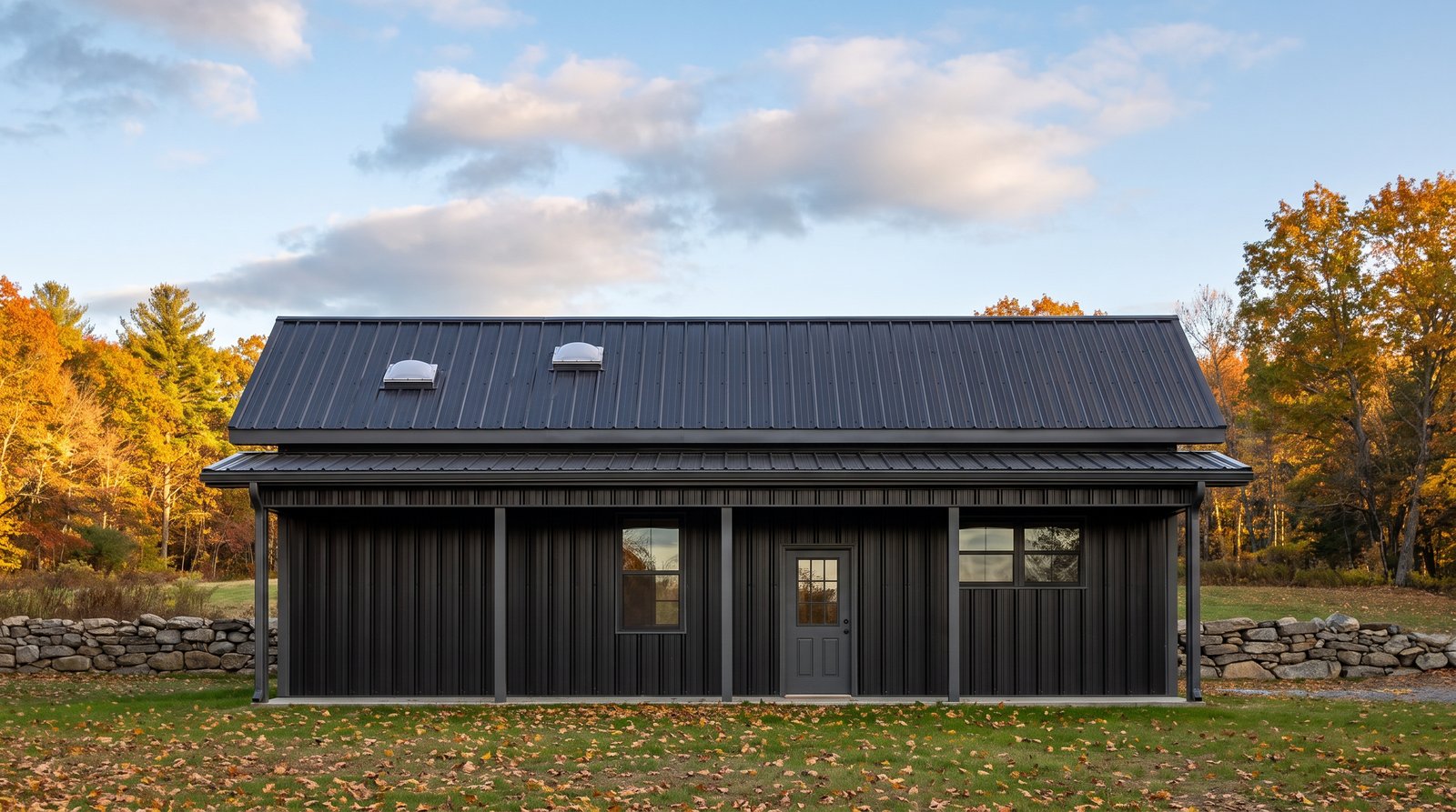 The Slate 40×40 barndominium front elevation (south on the plan), photoreal render: 3:12 gable, the 40 foot front porch