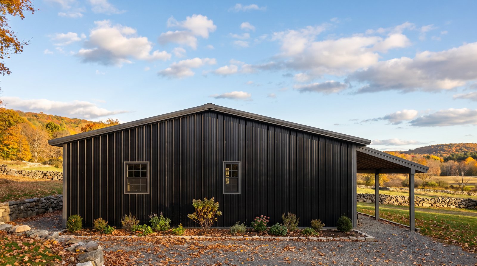 The Slate 40×40 barndominium left gable-end elevation (west on the plan): the bedroom end, the front porch roof at one side