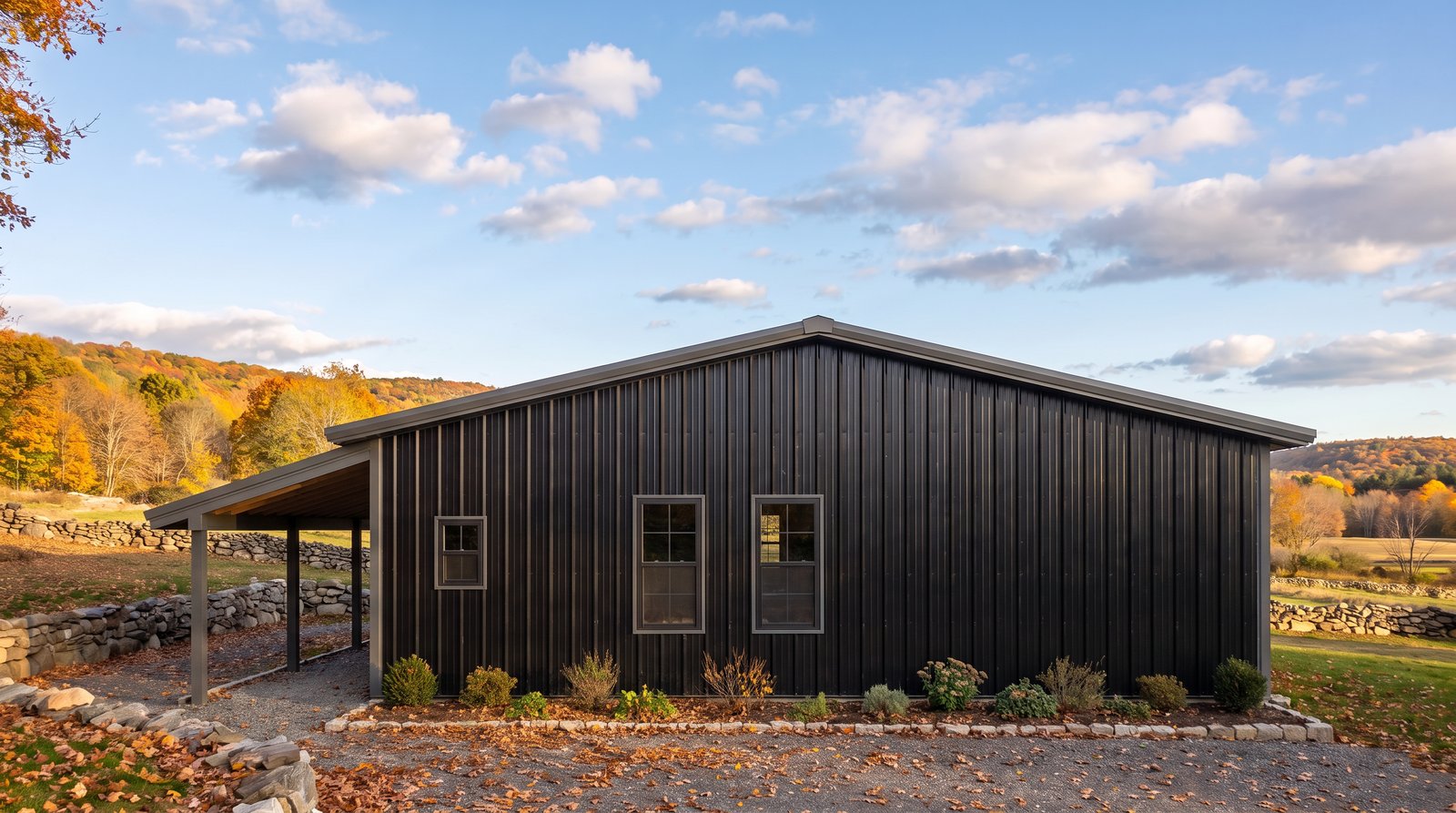 The Slate 40×40 barndominium right gable-end elevation (east on the plan): the master bedroom end, the front porch roof at one side