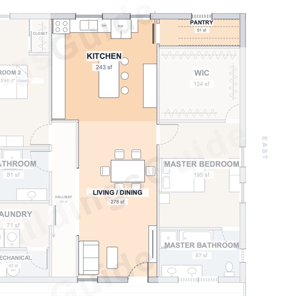 The Slate 40×40 barndominium floor plan detail: the heart of the home