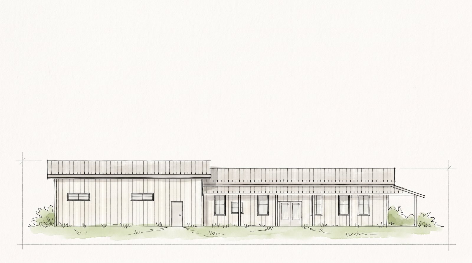 The Timber 30×90 barndominium hand-drawn front elevation sketch
