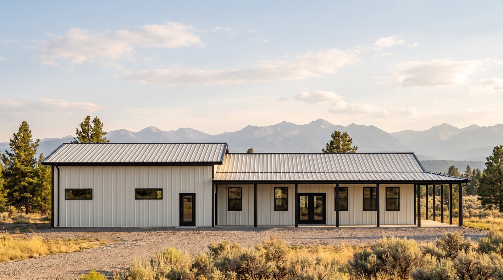 The Timber 30×90 barndominium front elevation (south on the plan), photoreal render: 3:12 gable, the 58 foot front porch