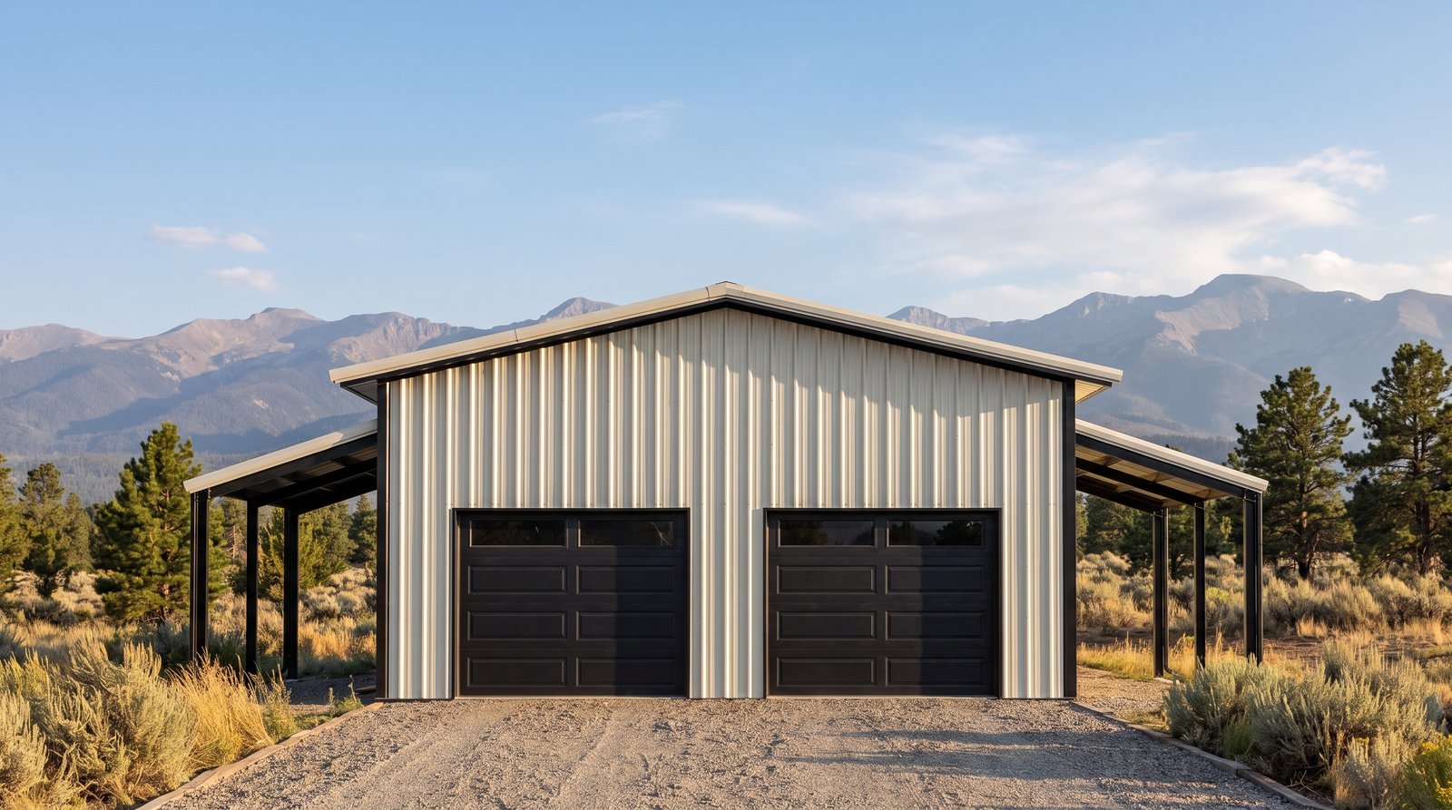 The Timber 30×90 barndominium left gable-end elevation (west on the plan): the 2-car garage and shop end, two overhead doors, the front and rear porch roofs at either side