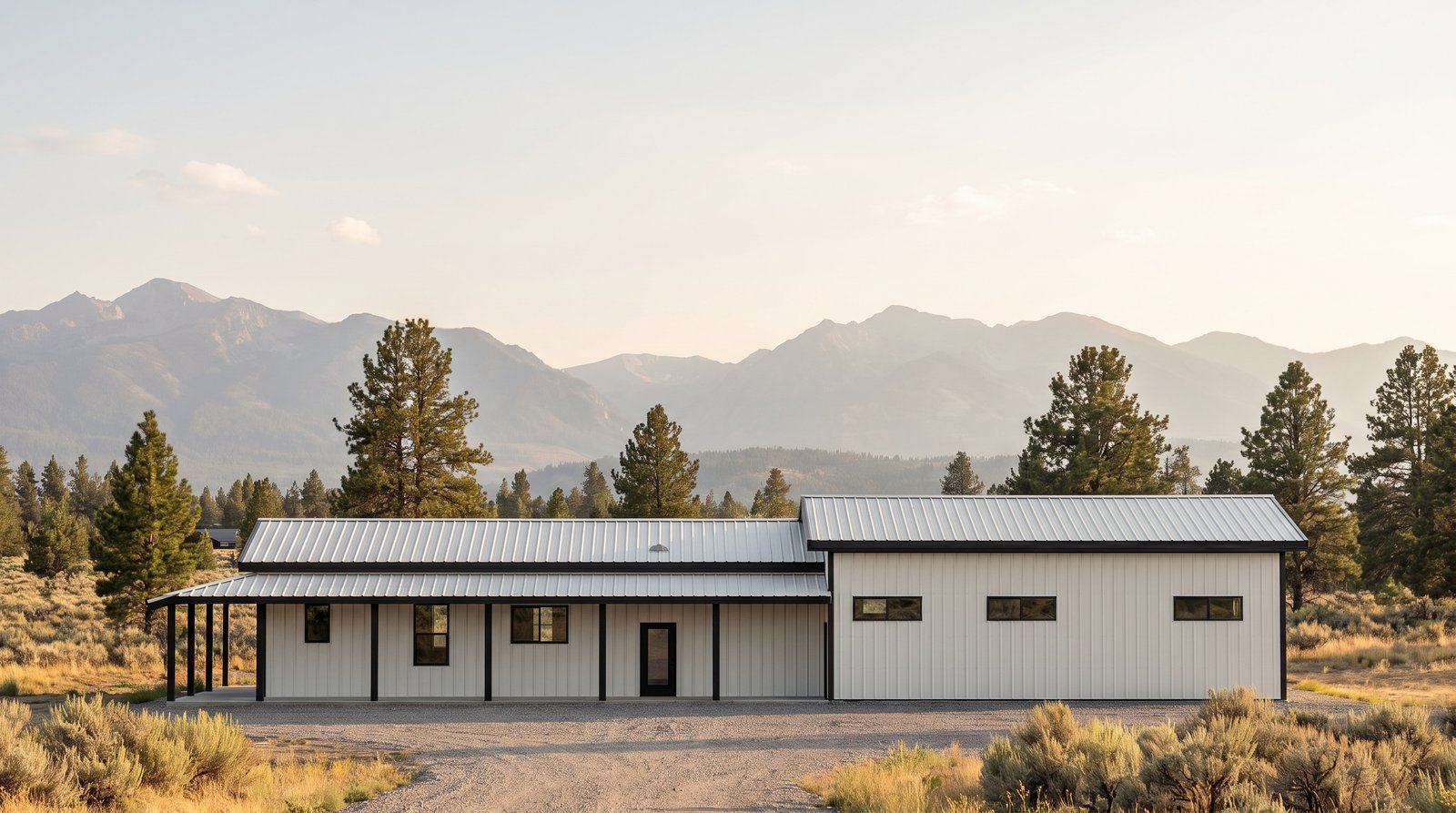 The Timber 30×90 barndominium rear elevation (north on the plan) with the 58 foot covered porch off the laundry