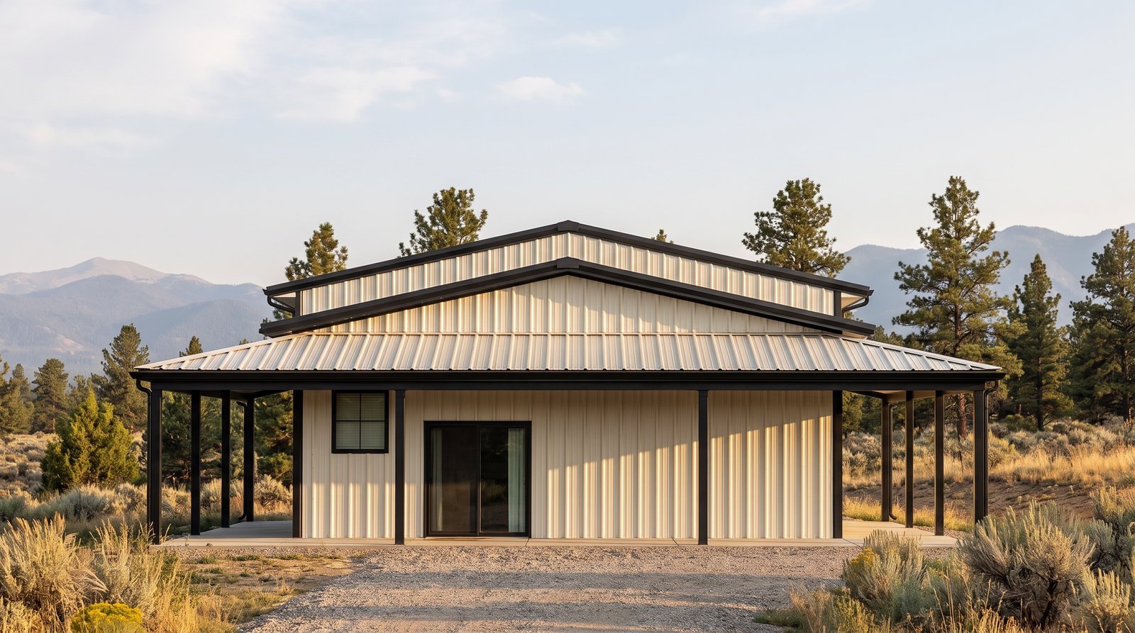The Timber 30×90 barndominium right gable-end elevation (east on the plan): the master bedroom end, the front and rear porch roofs at either side
