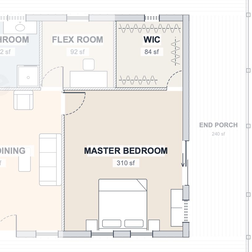 The Timber 30×90 barndominium floor plan detail: the bedroom