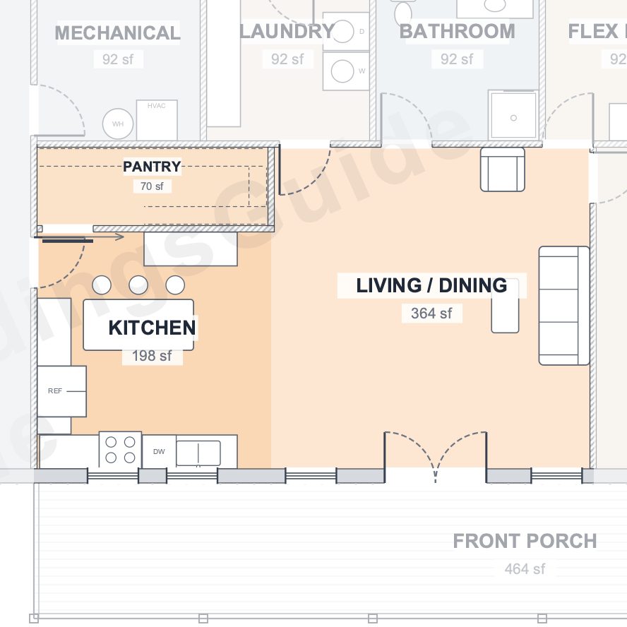 The Timber 30×90 barndominium floor plan detail: the heart of the home