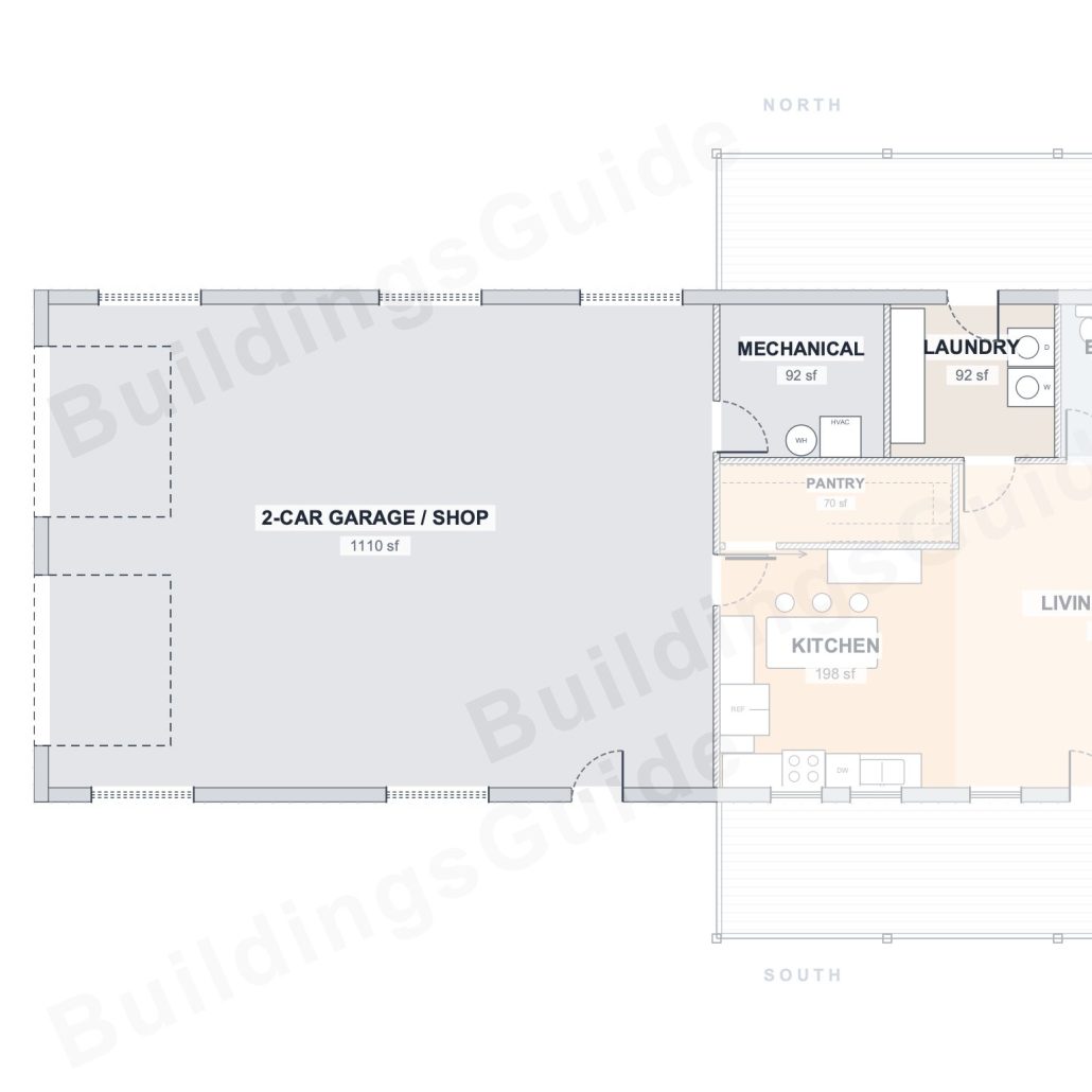 The Timber 30×90 barndominium floor plan detail: work & service